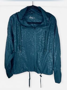 ZYIA teal leopard print windbreaker Bomber  jacket with hood size large